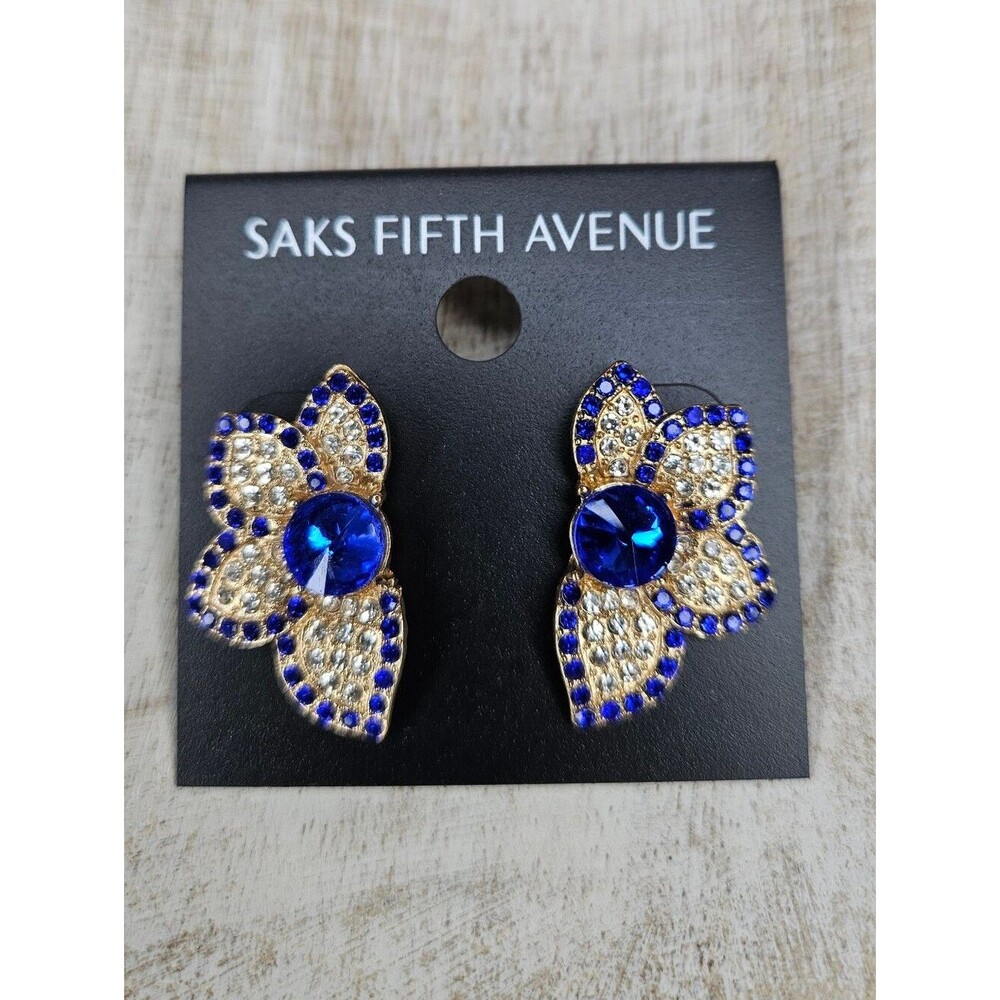Saks Fifth Avenue Royal Sapphire Blue Crystal Floral Stud Earrings NWT Gold Glam